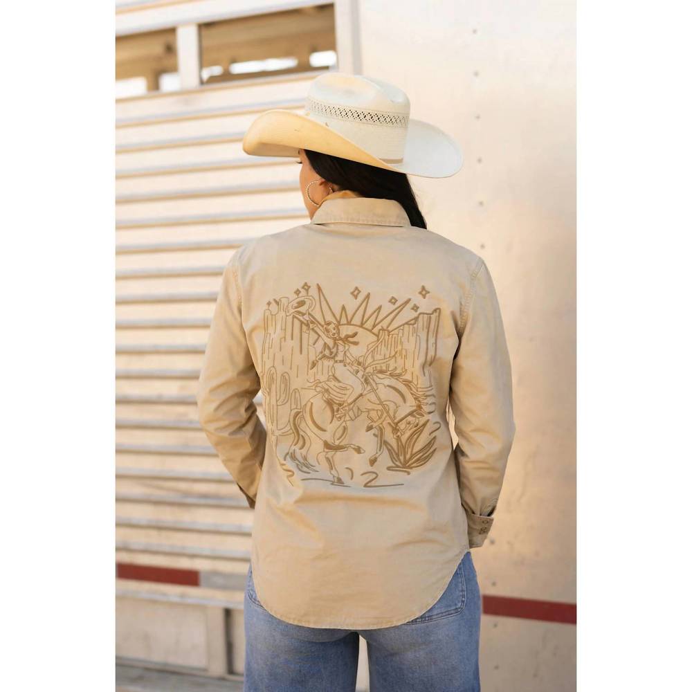 NEW RODEO QUINCY cedona pearlsnap top in khaki - Picture 2 of 4